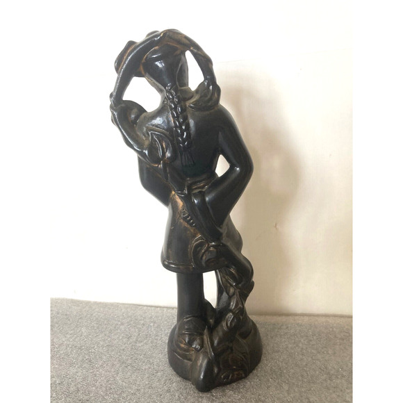 Mid Century Modern Chinese Figurine Asian Statue Black Pottery Female 12" Signed - Picture 4 of 7